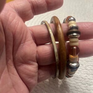Rustic WARM BEADED Stretch Bracelet, WOODEN RESIN Bangle & MOTHER-OF-PEARL #189E